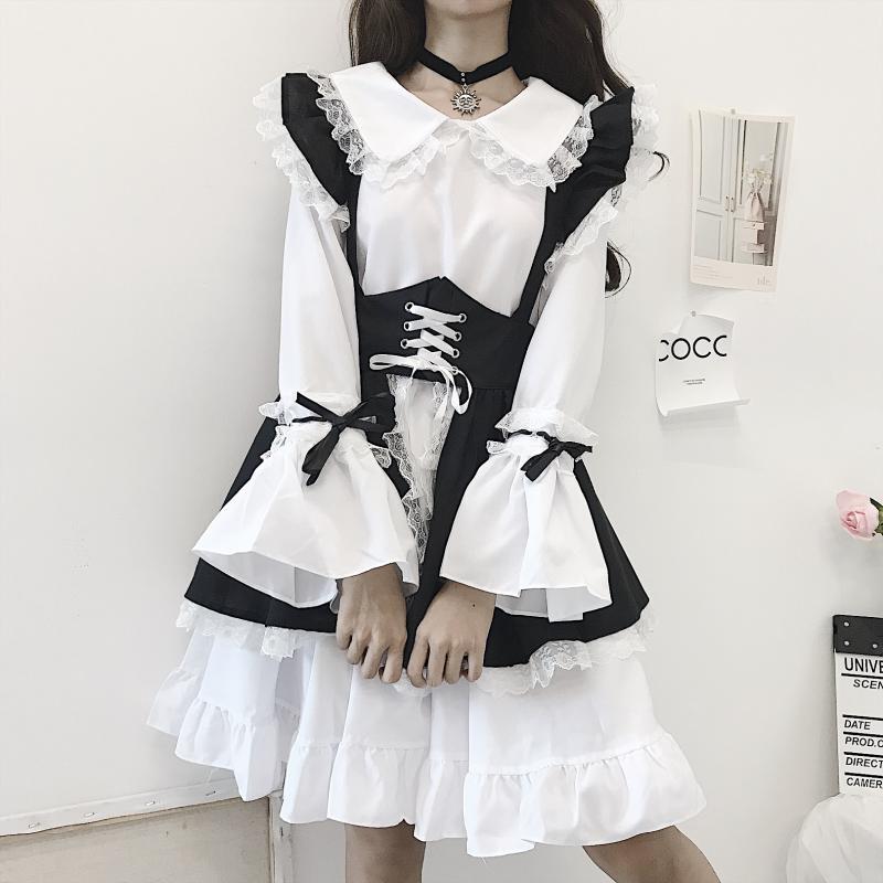 フリル 袖リボン キャンディースリーブ エプロン付き メイド服 コスプレ ロリ ハロウィン Rumina Select Shop