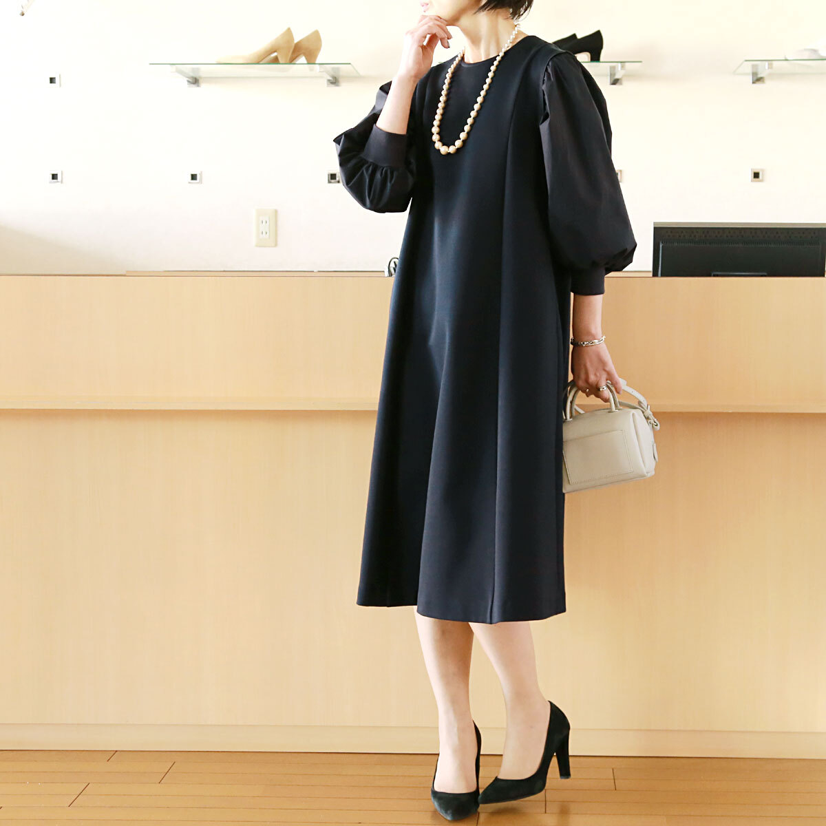 Srieee シュリ 異素材切替 バルーン スリーブ ワンピース Planino