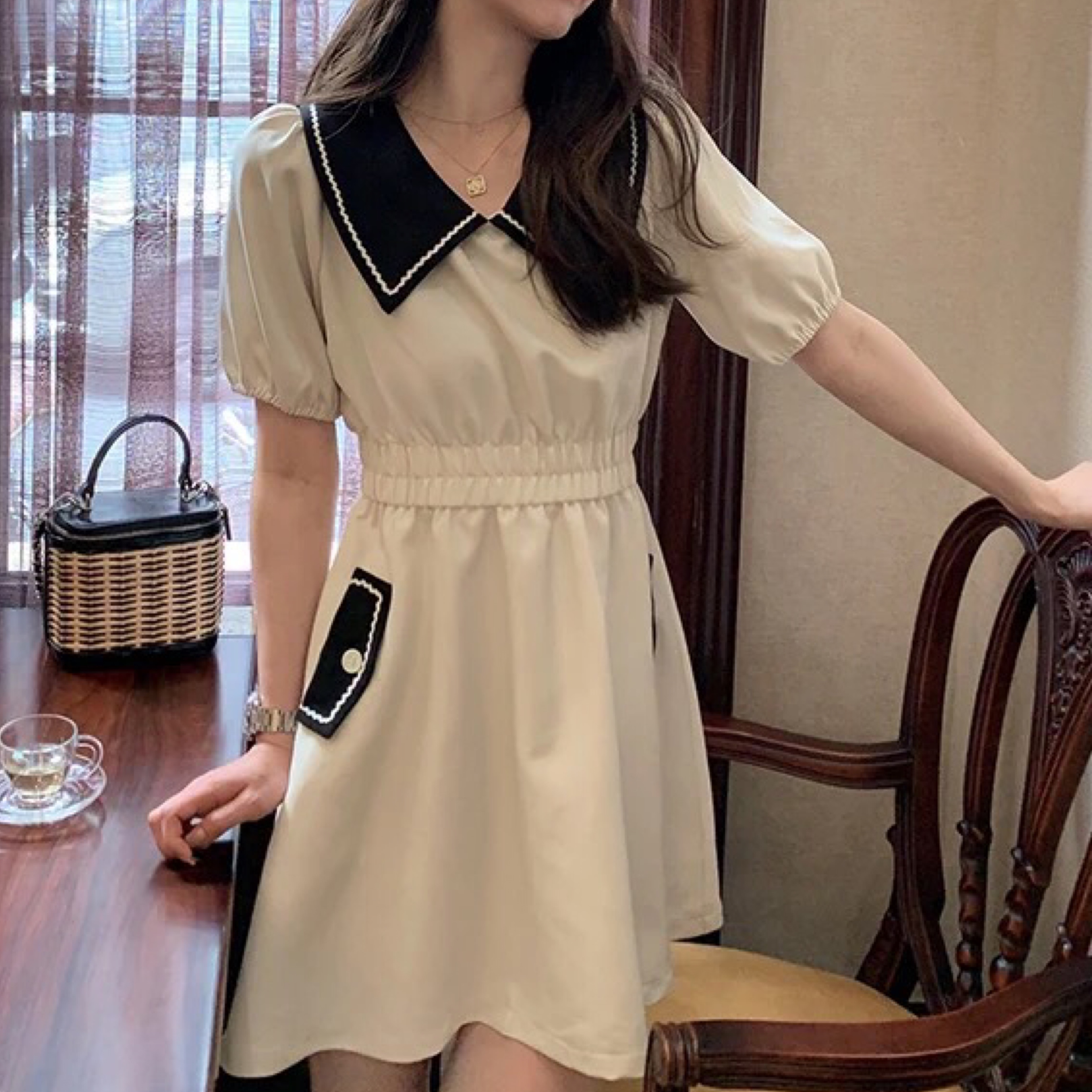 レトロガーリー バイカラースウィートワンピース B0446 Retro N