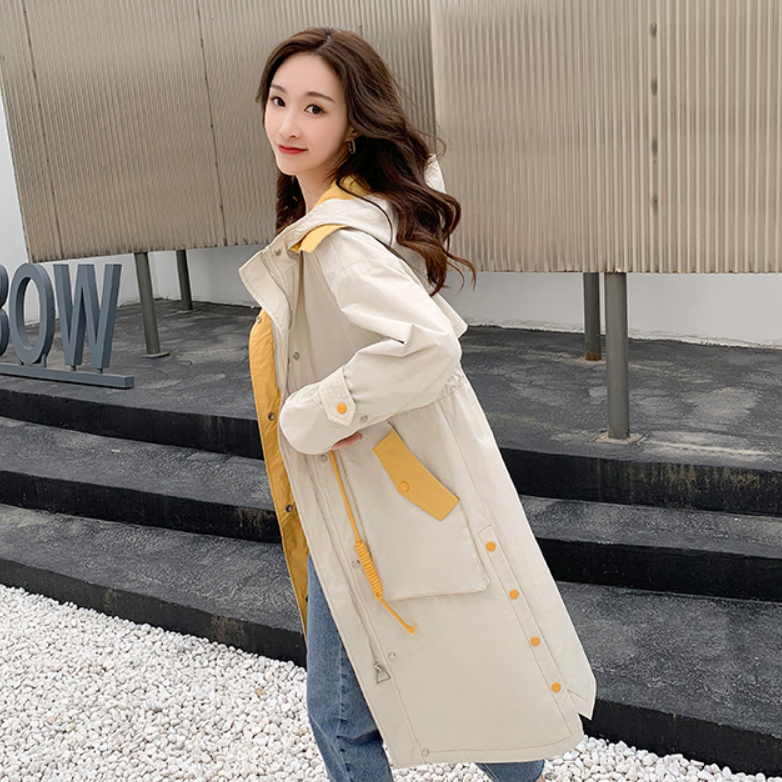 アウター パーカー コート ジャケット マウンテンパーカー ウインドブレーカー フード 2色展開 ベージュ グレー 長袖 ハイウエスト ウエスト絞り バイカラー ツートンカラー ロング丈 ジッパー スタイルアップ 大人 可愛い きれいめ カジュアル シンプル 韓国 デイリー