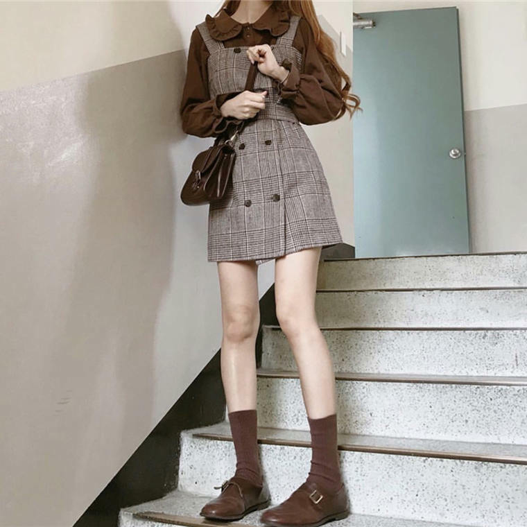 送料無料 Cuteな セットアップ 2点セット ガーリー チェック柄 ジャンパースカート ワンピース フリル ブラウス Lamitte Deco トレンド 韓国ファッション ショップ