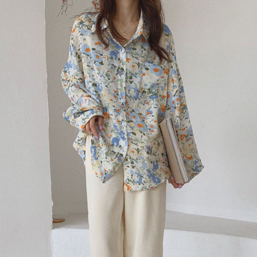 ゆうパケット対応 マルチカラーデザインシャツ シャツ ビッグシャツ ポロカラー シフォン 花柄 長袖 かわいい 人気 レディース 安い 韓国ファッション 9642 Sinsakumall