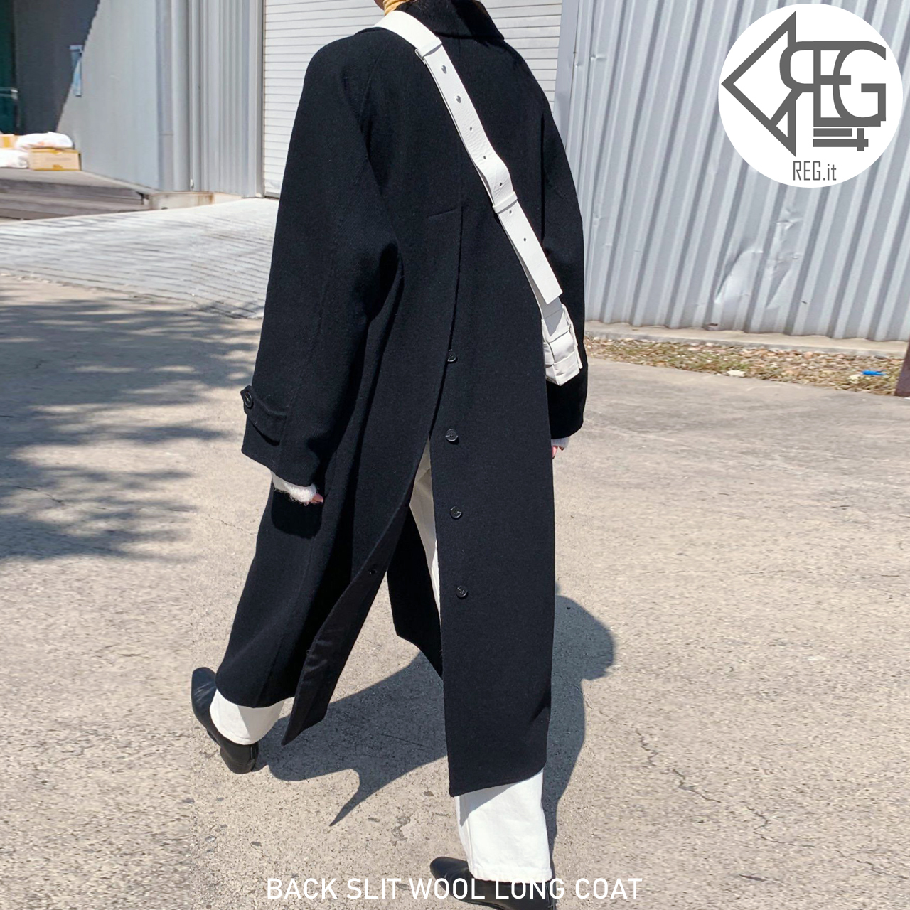 Regit Back Slit Wool Long Coat Black 韓国ファッション 10代代30代 ロングコート ウール混 スリット おしゃれ かわいい 着回し あたたかい アウター Reg It