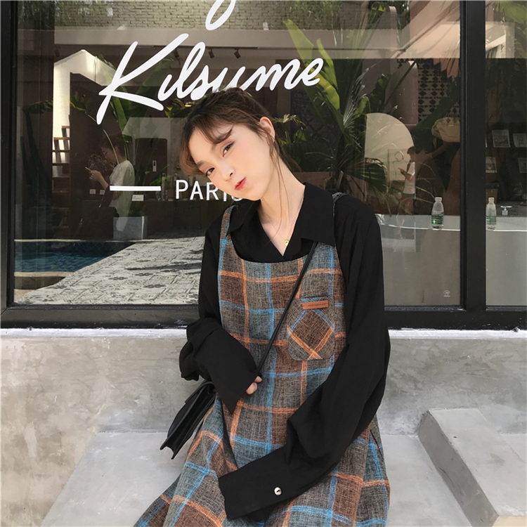 タータンチェック セットアップ ワンピース レトロ こなれ感 ガーリー 秋冬 ミニ丈 ブラウス ポロ襟 0031 Macaron