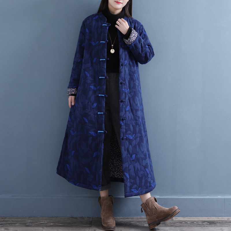 チャイナ風コート 棉麻コート 民族風コート トレンチコート アウター チャイナボタン ワンピース チャイナ風服 中華服 改良唐装 改良漢服 チャイナドレス フリーサイズ 秋冬 普段着 ネイビー レッド キルティング有 Elegant