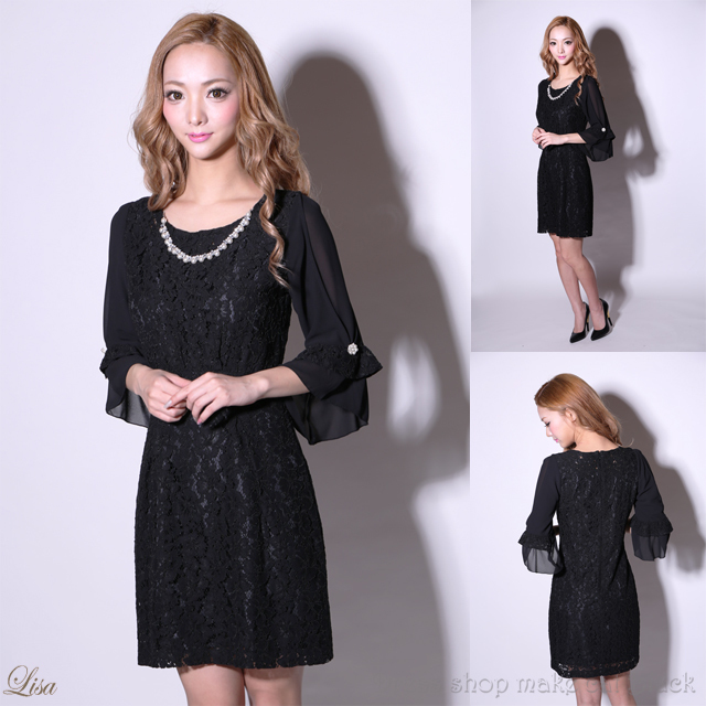 パーティードレス 13 4 9 815 税込 2色展開 結婚式 袖あり 膝丈 黒 ネイビー ドレス Ma 529 Dress Shop Make Cat Black ドレスショップメイクキャットブラック