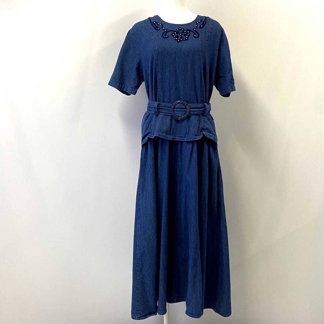 刺繍 パール ベルト付き デニム ロング フレア ワンピース レディースm 古着 ブルー 青色 ワンピース Sa Cave 古着屋 公式 古着通販サイト 夏物最大50 Off開催中