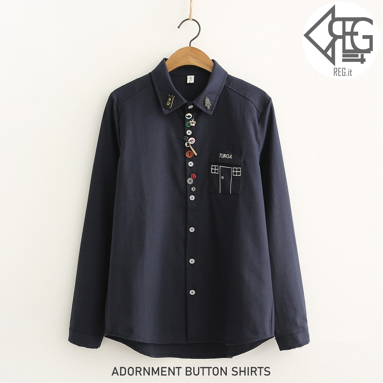 Regit Adornment Button Shirts Navy 韓国ファッション 森ガール おしゃれ シャツ 白シャツ かわいいシャツ ユニーク 個性的なファッション Regit