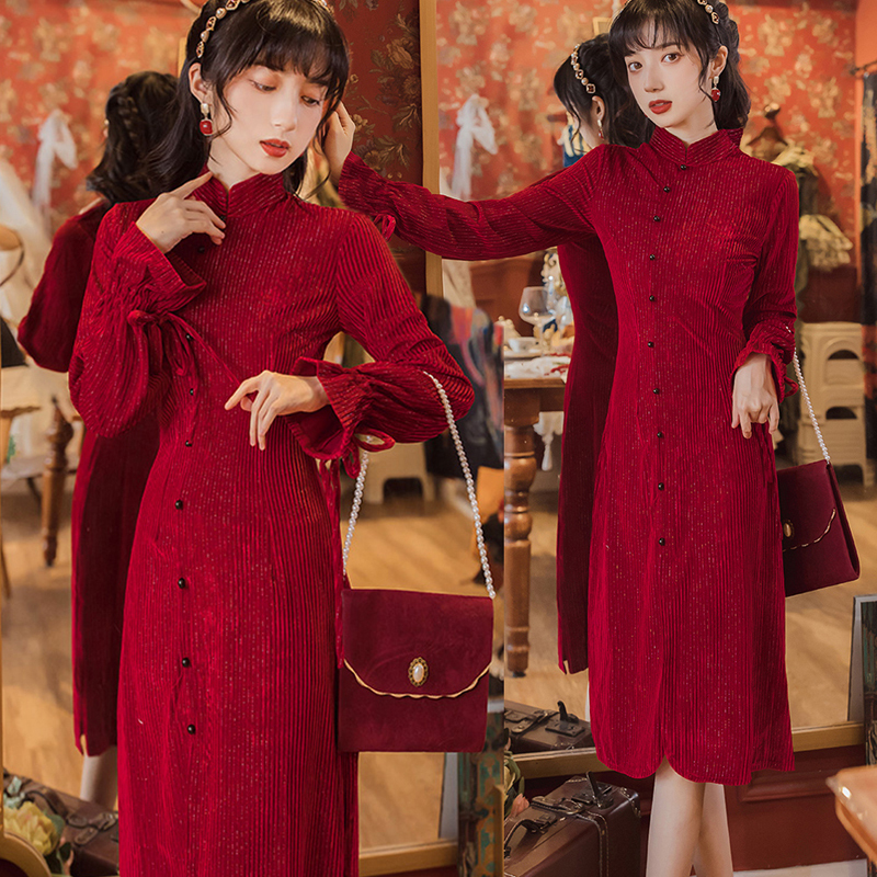 洋子シリーズ チャイナ風ワンピース 成人式 忘年会 結婚式 チャイナ服 ロング丈 S M L 赤 気質アップ Elegant