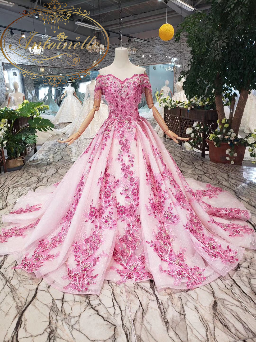 高品質オーダーメイド レディース エレガント 花柄 ロングドレス ピンク Pink Dress ウェディング 結婚式 挙式 花嫁 二次会 格安 Antoinette