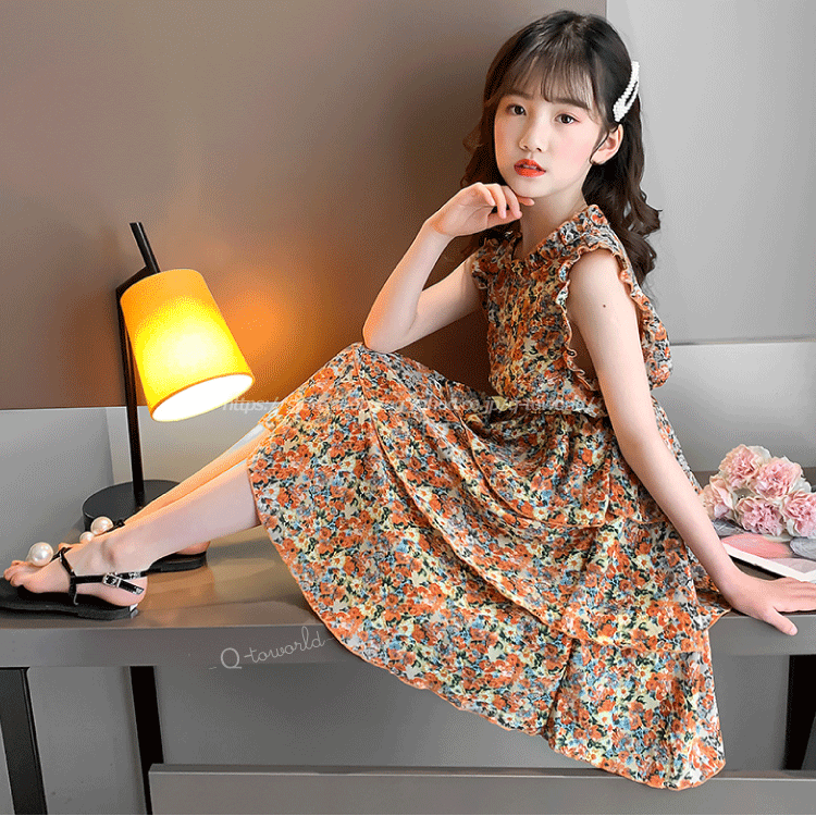 110 160 ワンピース 花柄 シフォン ドレス 女の子 子供服 韓国風 ジュニア キッズ Q Toworld キュートワールド 子供服 メール便は何点でも送料の合計は280円