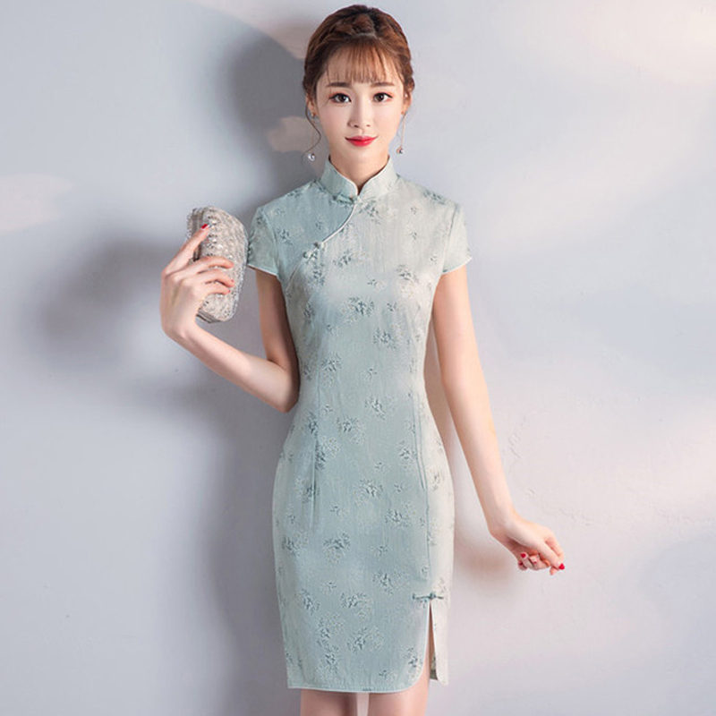 ミニ丈チャイナドレス チャイナ風ワンピース ドレス チャイナ風服 中華服 スタンドネック 半袖 ショート丈 大きいサイズ S M L Ll 3l グリーン 緑 スウィート Elegant