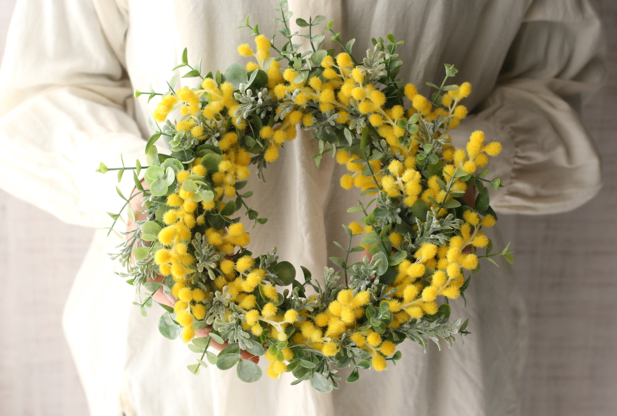 ミモザとユーカリのリース Artificial Flower Queue De Ranun