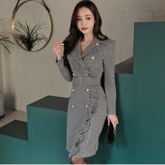 ワンピース チェック グレンチェック 千鳥格子柄 タイト フリル 膝丈 秋冬新作 秋服 大人 冬服 韓国ファッション レディース 入学式 卒業式 通勤 オフィス キレイめ おしゃれ トレンド Me Too