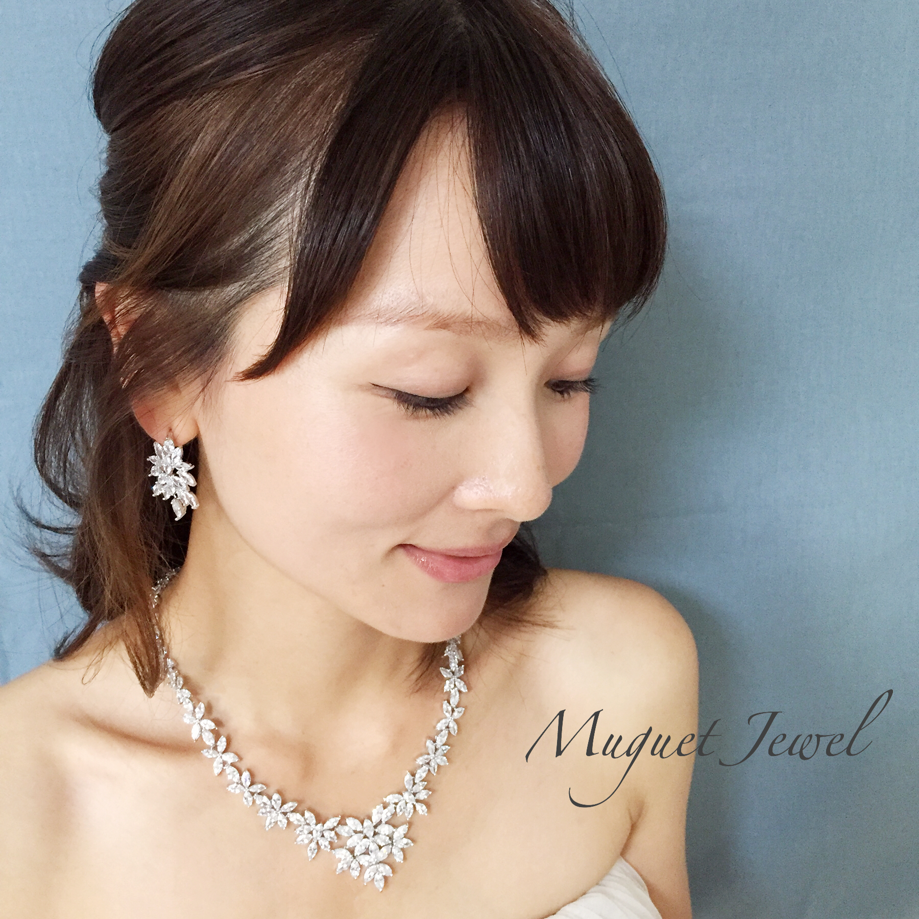 Marriage Silver ジルコニアネックレス ピアスセット Muguet Jewel オシャレな大人花嫁のウェディングアクセサリー 大ぶりピアス イヤリング