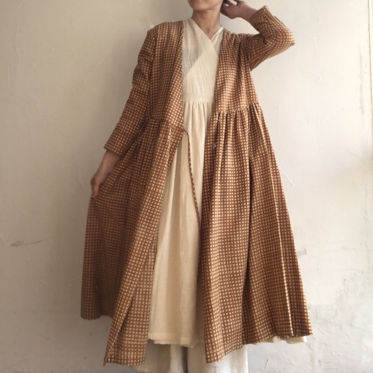 Mサイズ スラブコットン ギンガムチェック 黄 Mula Working Clothカシュクールワンピース インドの布 Heirloom エアルーム Clothing Fabrics