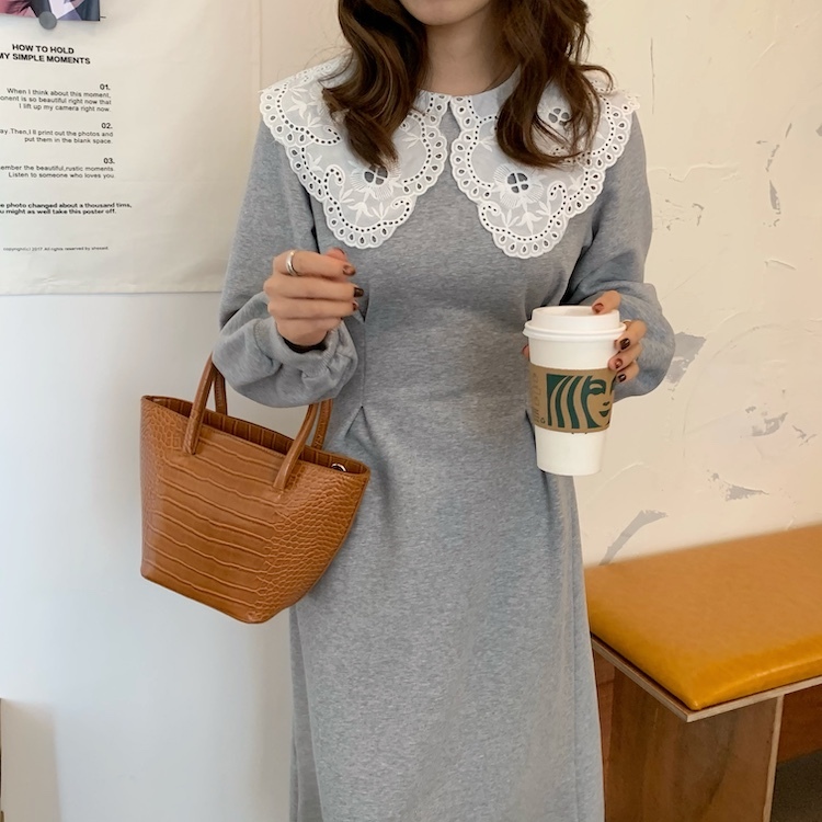 Id J273 大きめ襟バルーンスリーブトレーナーワンピース ビッグ襟 大人かわいい ミドル丈 ロング丈 ひざ下 キレイめ レース襟 ２カラー サイズf Joujou