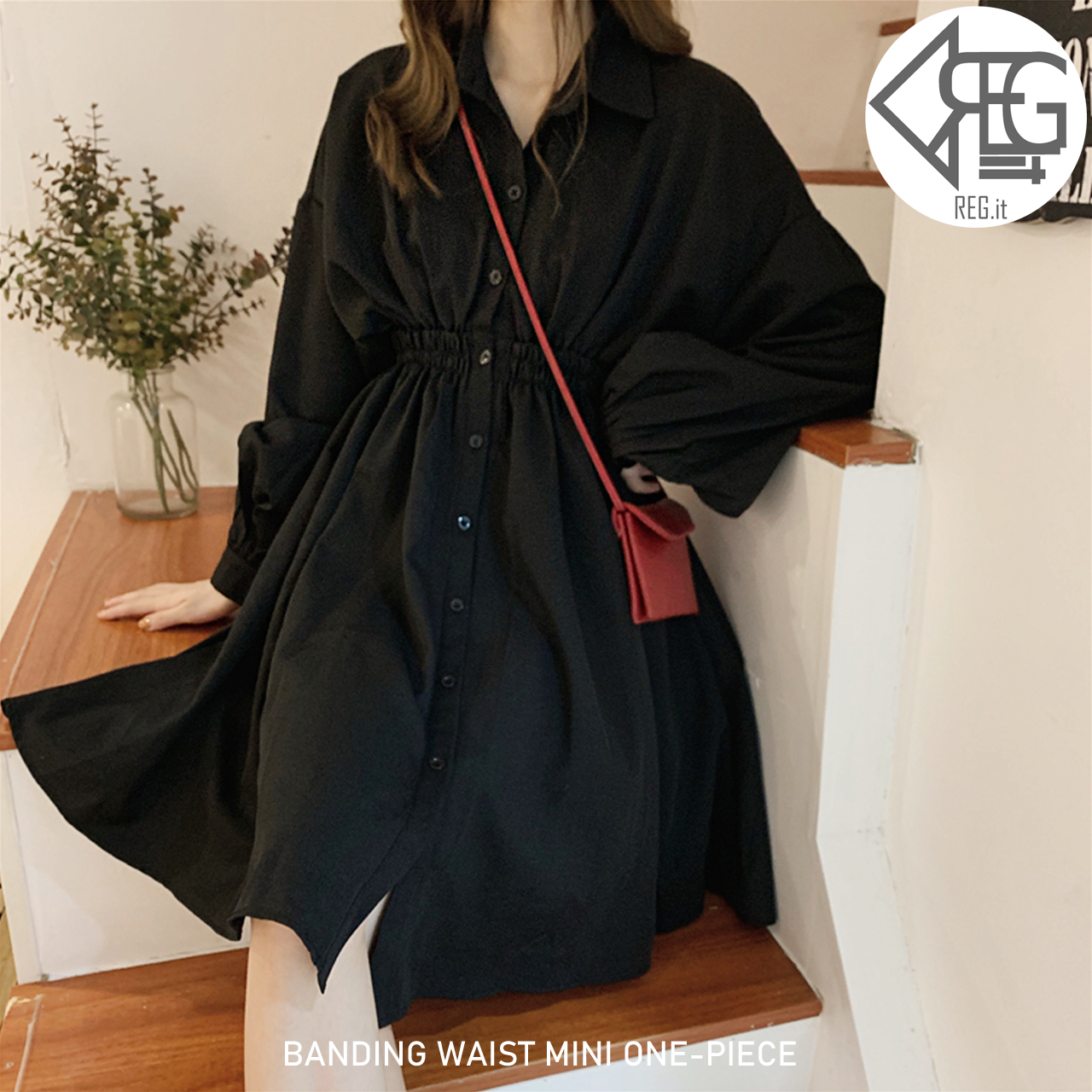 Regit Banding Waist Mini One Piece Black 韓国服 ワンピース ワンピ 春 ひざ上 フェミニン プチプラ 着回し 着痩せ 着映え 女子会 10代 代 パフスリーブ Regit