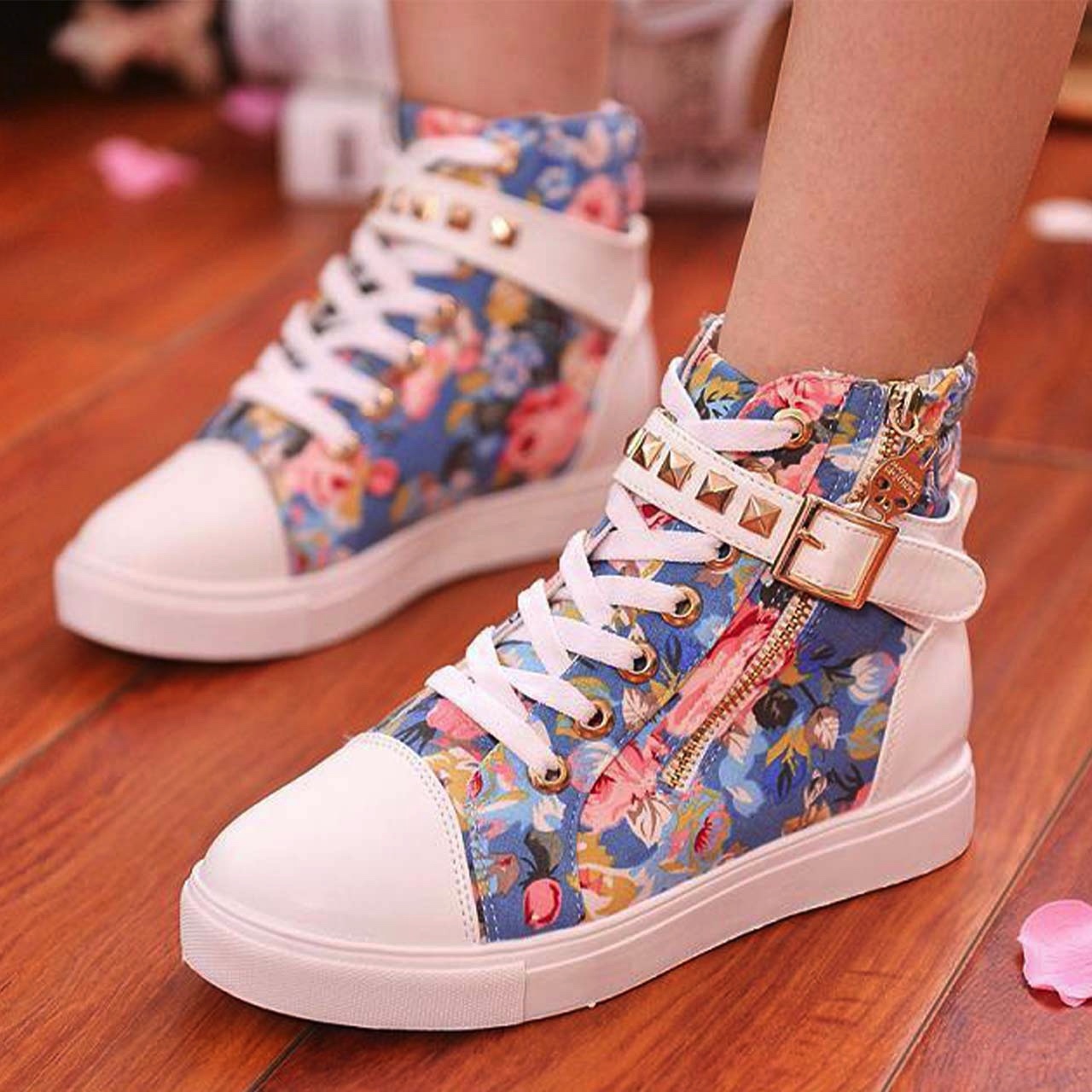 ハイカットスニーカー 可愛い 花柄 フラワー ジップアップ ベルト Sno