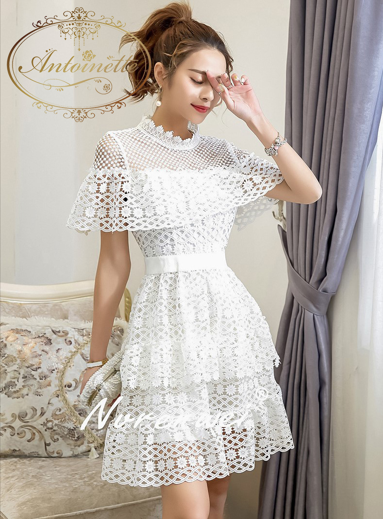 2色展開 レディース 総レース 白ワンピ ブラックネイビー ミニワンピ 花柄 花柄レース Anlo3 Antoinette