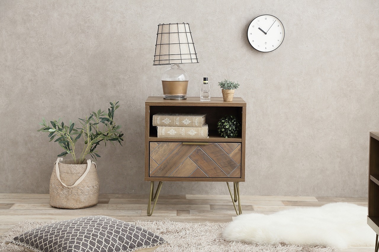 ヘリンボーン柄のデザインがおしゃれなサイドチェスト ブラウン 収納家具 北欧デザイン Tkskshop 送料無料
