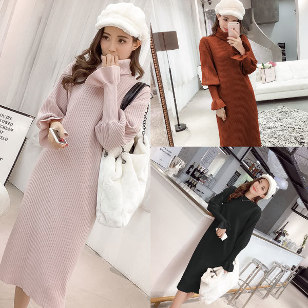 ニットワンピース リブニット フリルスリーブ タートル タートルネック ロングワンピース 付け襟 プチプラレディースファッション通販 Yboueki