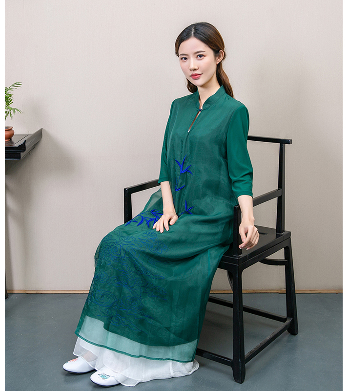 チャイナ風ワンピース 改良唐装 改良漢服 チャイナ風服 改良型チャイナドレス 女子会 同窓会 合わせやすい スタンドネック 九分袖 ロング丈 Xs S M L 普段着 民族風 ゆったり グリーン 緑 刺繍入り Elegant