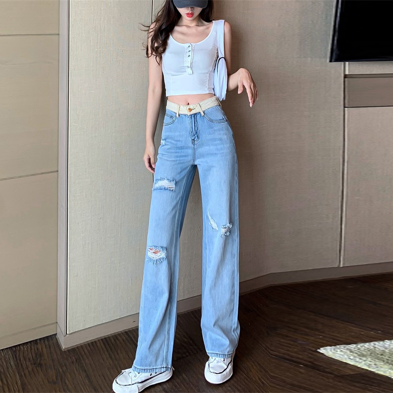 ウエストジーンズ女性の夏の薄いセクション緩い緩い薄いワイドレッグパンツバージョンの穴垂直ストレートパンツ セブンプリンセス Mixlily Shop A1