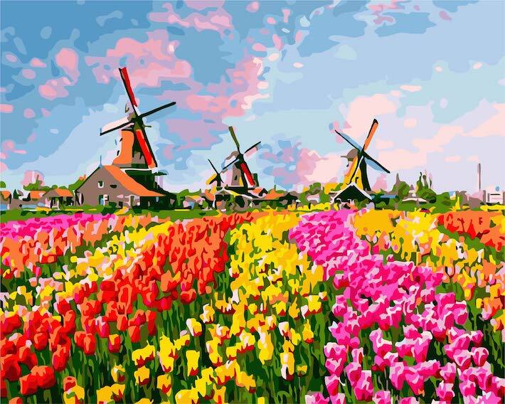 オランダ チューリップ畑と風車 アクリル絵の具で作る 数字で塗り絵 油絵風 40x50cm Diyフレーム有無選べる 2 700 Hashi Life