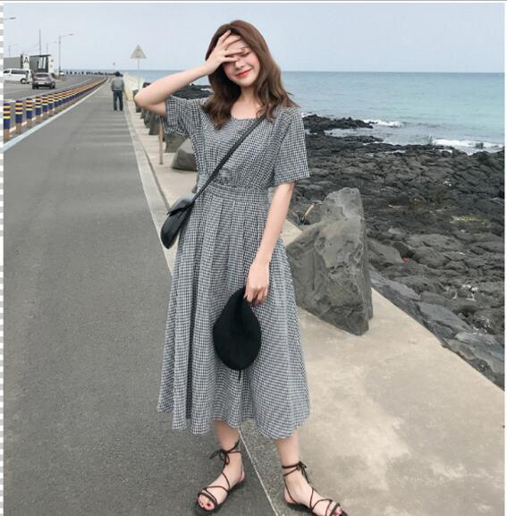 レディースワンピース 2色 チェックワンピース 夏ワンピ 半袖 ロング丈 背中開き 蝶結び 海外旅行 Cn0498 ワンピの里