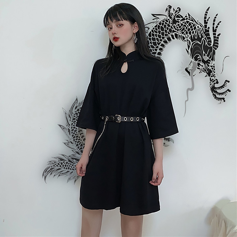 チャイナ風ワンピース 中華服 ゆったり ショート丈 ベルト付き M L スタンドネック ブラック 黒い レトロ Elegant