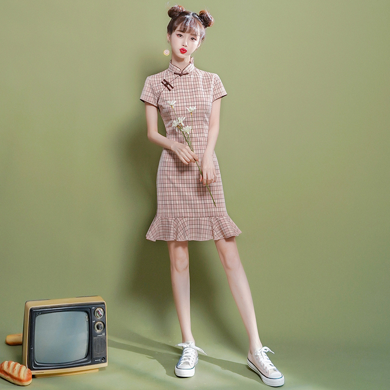 Xiangshuシリーズ チェック柄チャイナドレス ショート丈 ワンピース マーメイドライン ピンク Elegant