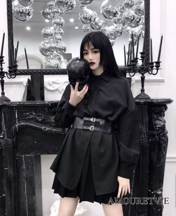 ロングシャツ 黒 ブラック ベルト付き シャツ ブラウス ミドル丈 シック カジュアル 長袖 オルチャン 韓国ファッション 1094 Amouretvie モレヴィ