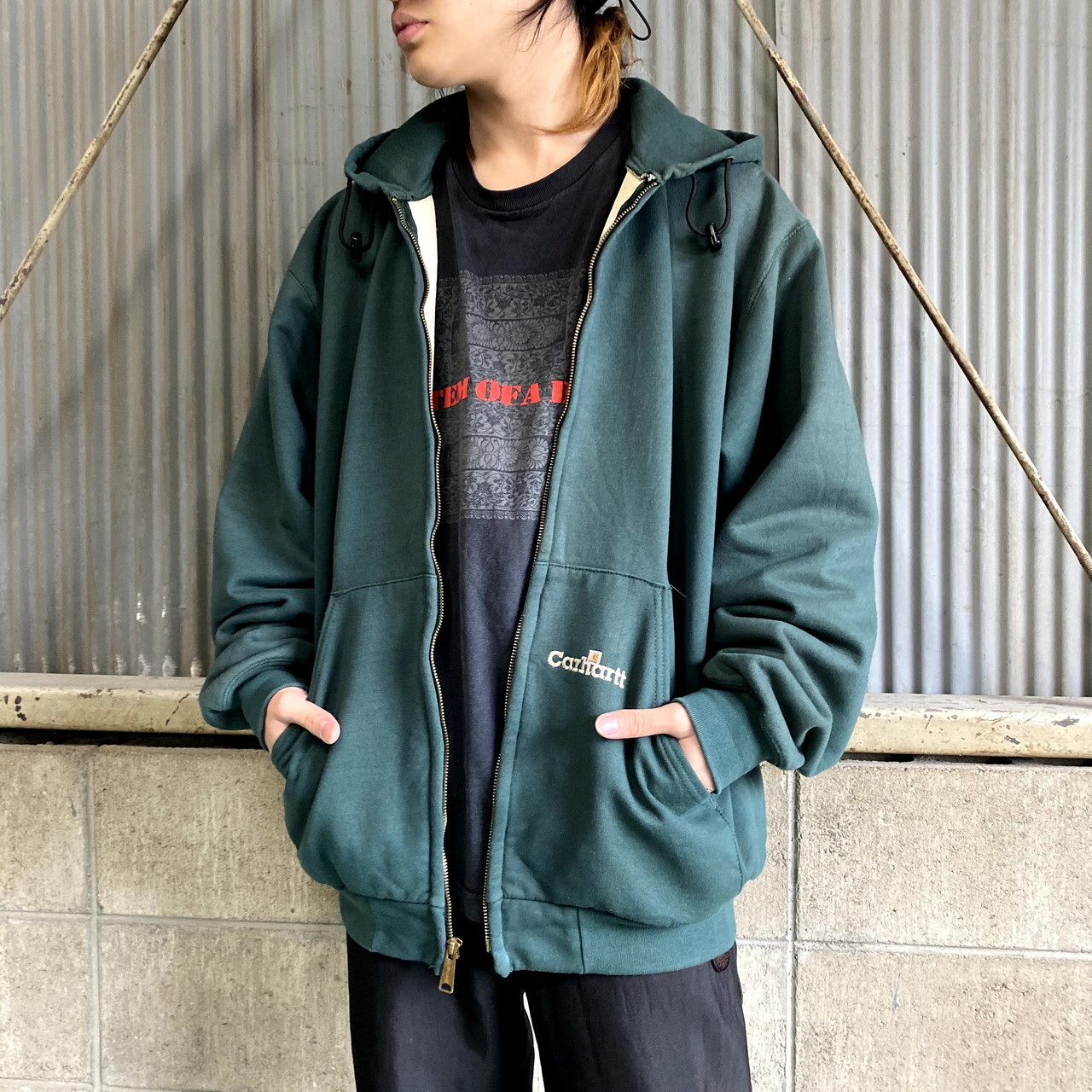 90年代 カーハート ワンポイントロゴ フルジップパーカー メンズl 古着 90s ビンテージ ヴィンテージ Carhartt スウェットパーカー メッシュライナー グリーン 緑色 パーカー All15 Cave 古着屋 公式 古着通販サイト