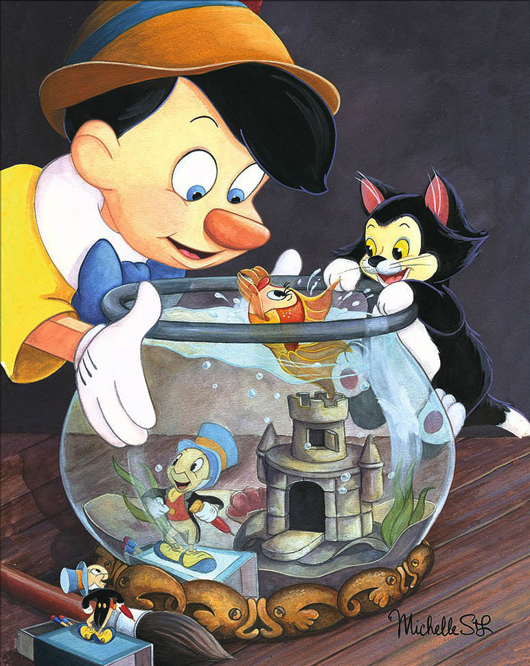 ディズニー絵画 ピノキオ クレオからのキス 作品証明書 展示用フック付 限定500部キャンバスジークレ ディズニー絵画 ポスター