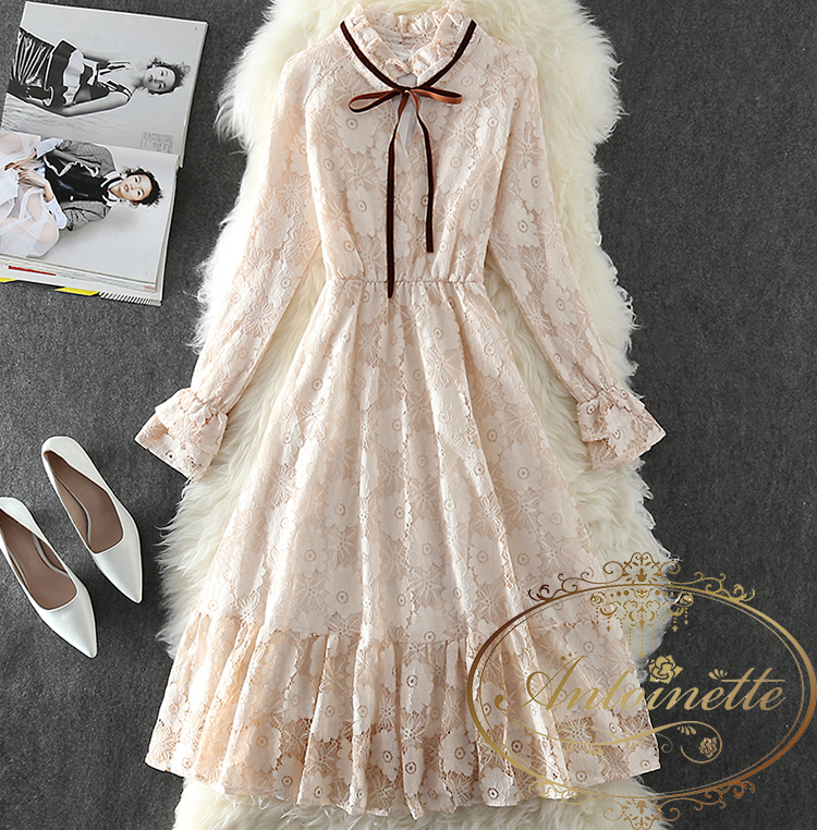 レース アンティーク ワンピース レディース リボン お嬢様 ドレス Ladies One Piece White Lace Antoinette