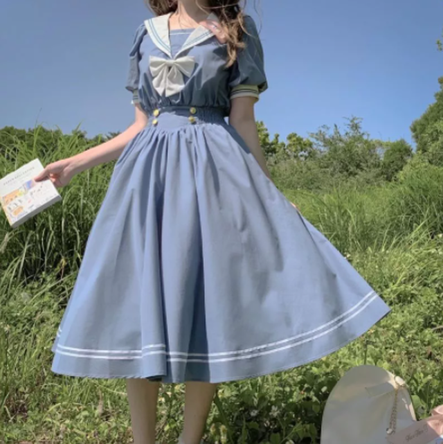 ロリータ ワンピース セーラー服風 リボン付き ネイビー 夏 半袖 ゴスロリ 濃紺 Cinderella Story ロリータ ワンピース セーラー服風 リボン付き ネイビー 夏 半袖 ゴスロリ 濃紺 Cinderella Story