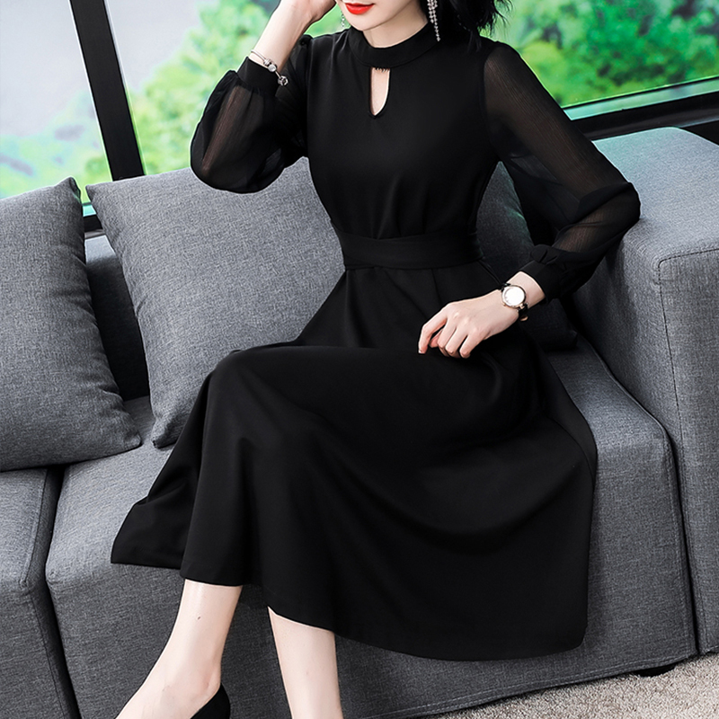 フォーマルドレス パフスリーブ ハイネック フレアワンピース 長袖 ブラック ワンピ Aライン デート ミモレ丈 ウエストマーク ウエストリボン 人気 トレンド 体型カバー フェミニン お呼ばれ 謝恩会 卒業式 入学式 Me Too