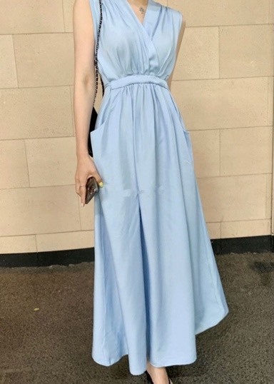 カシュクールノースリーブワンピース スカイブルー Hanehuku