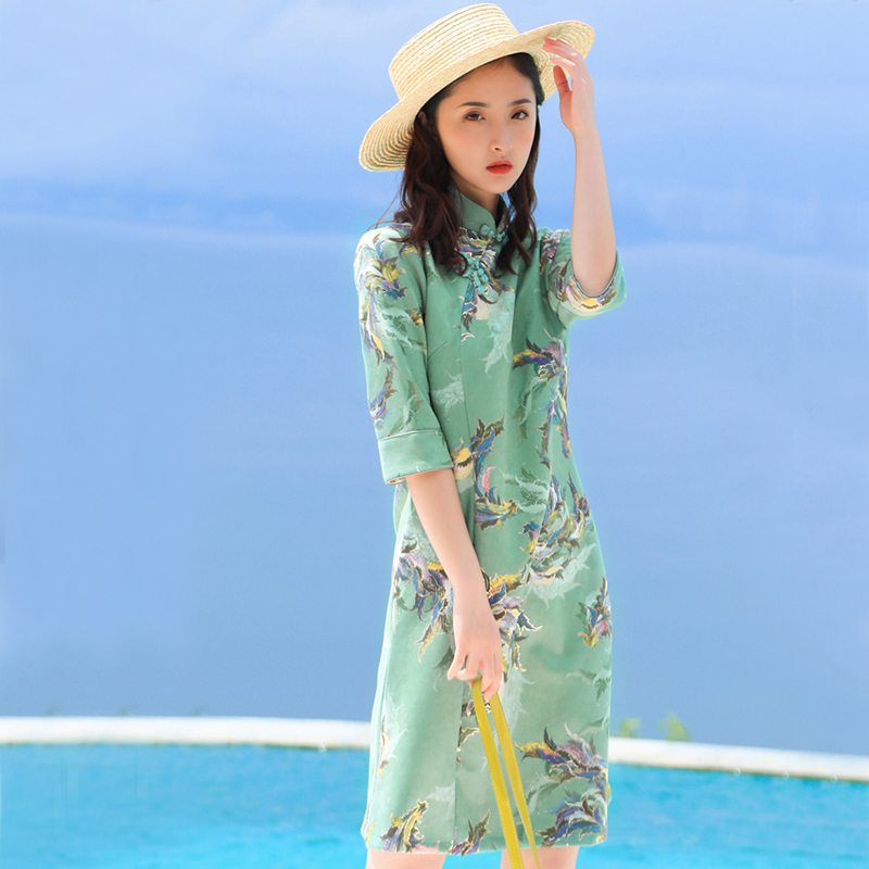 ロング丈チャイナドレス 改良型チャイナドレス チャイナ風ワンピース チャイナ風服 中華服 二次会 女子会 同窓会 スタンドネック 七分袖 大きいサイズ S M L Ll 3l 4l 緑 グリーン Elegant