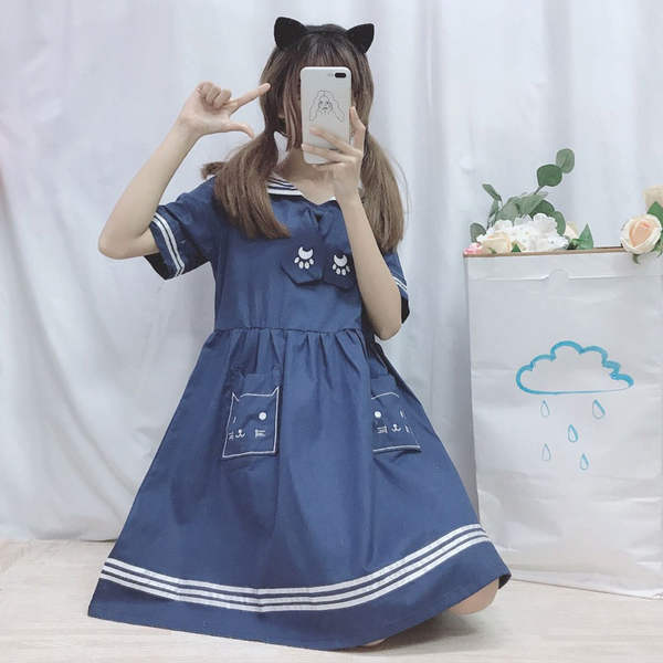 ワンピース セーラー ねこ イラスト ロゴ 襟付き お姫様 アリス フリル かわいい シンプル ゆめかわ やみかわ オルチャン Sweetly