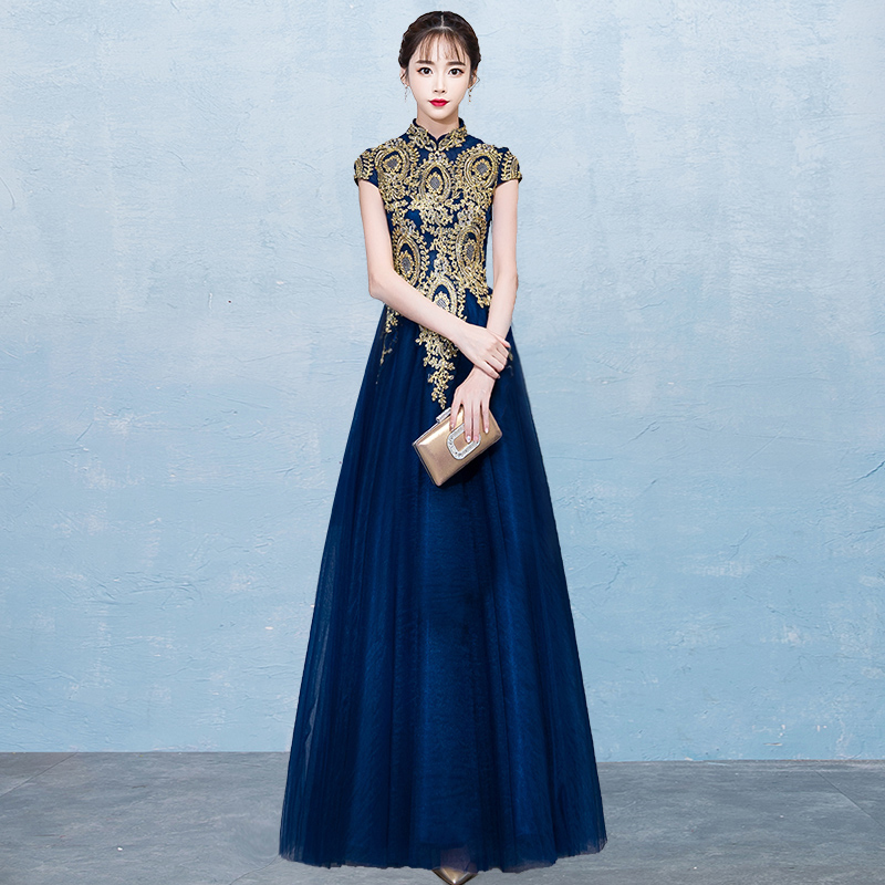 パーテイードレス チャイナ風ドレス ロングドレス ロングワンピース 結婚式 演奏会 二次会 スタンドネック 半袖 ハイウエスト 着痩せ エレガント 大きいサイズ Xs S M L Ll 3l フェアリー ゴールド ネイビー レッド ワインレッド Elegant