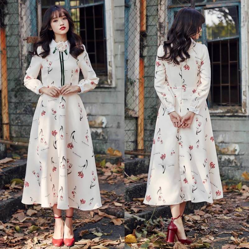 ワンピース レディース レトロワンピース 花柄ワンピース ロング ワンピ 送料無料 リボン スリム Aライン 韓国 オルチャン Happy Toon
