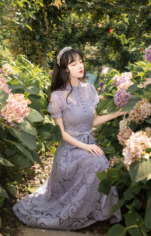 紫陽花 パープル ブルー くすみカラー インスタ映え ワンピース レディース Lace One Piece Elegant Feminine Antoinette