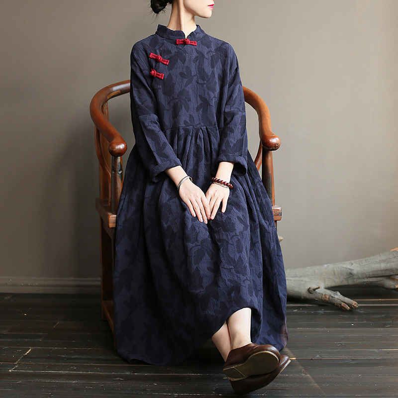 宋姿シリーズ チャイナ風ワンピース 2color 唐装レトロ系 中華服 ゆったり ブルー 青 レッド 赤 Elegant