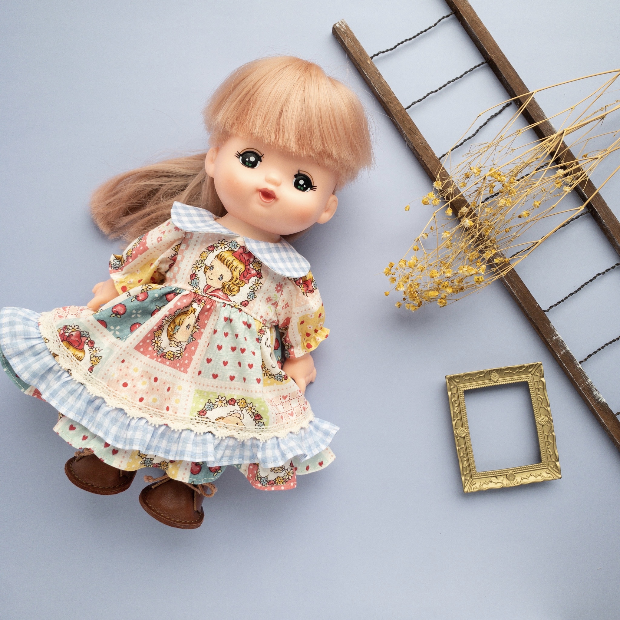 ２段フリルワンピース レトロ水色 メルちゃんソランちゃん Dollkamiyu