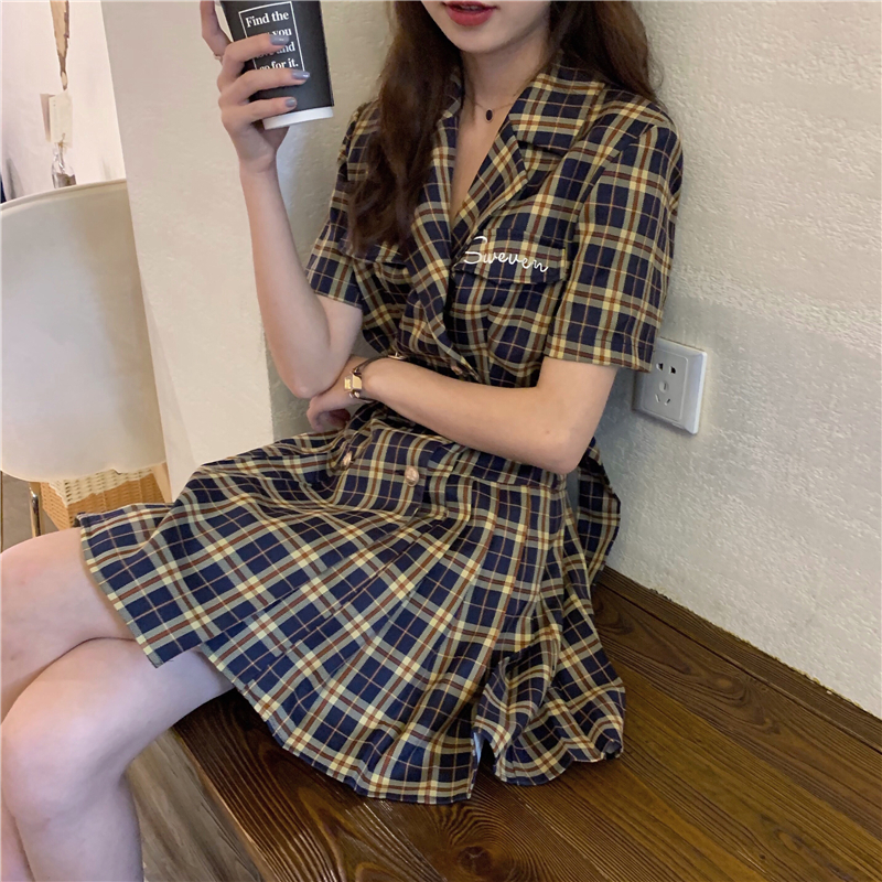 胸ロゴチェック柄ワンピース Aライン ミニ丈 カジュアル ガーリー ブリティッシュ クラシカル 春夏 お出かけ デート 女子会 半袖 ハイウエスト ウエストマーク Arroser