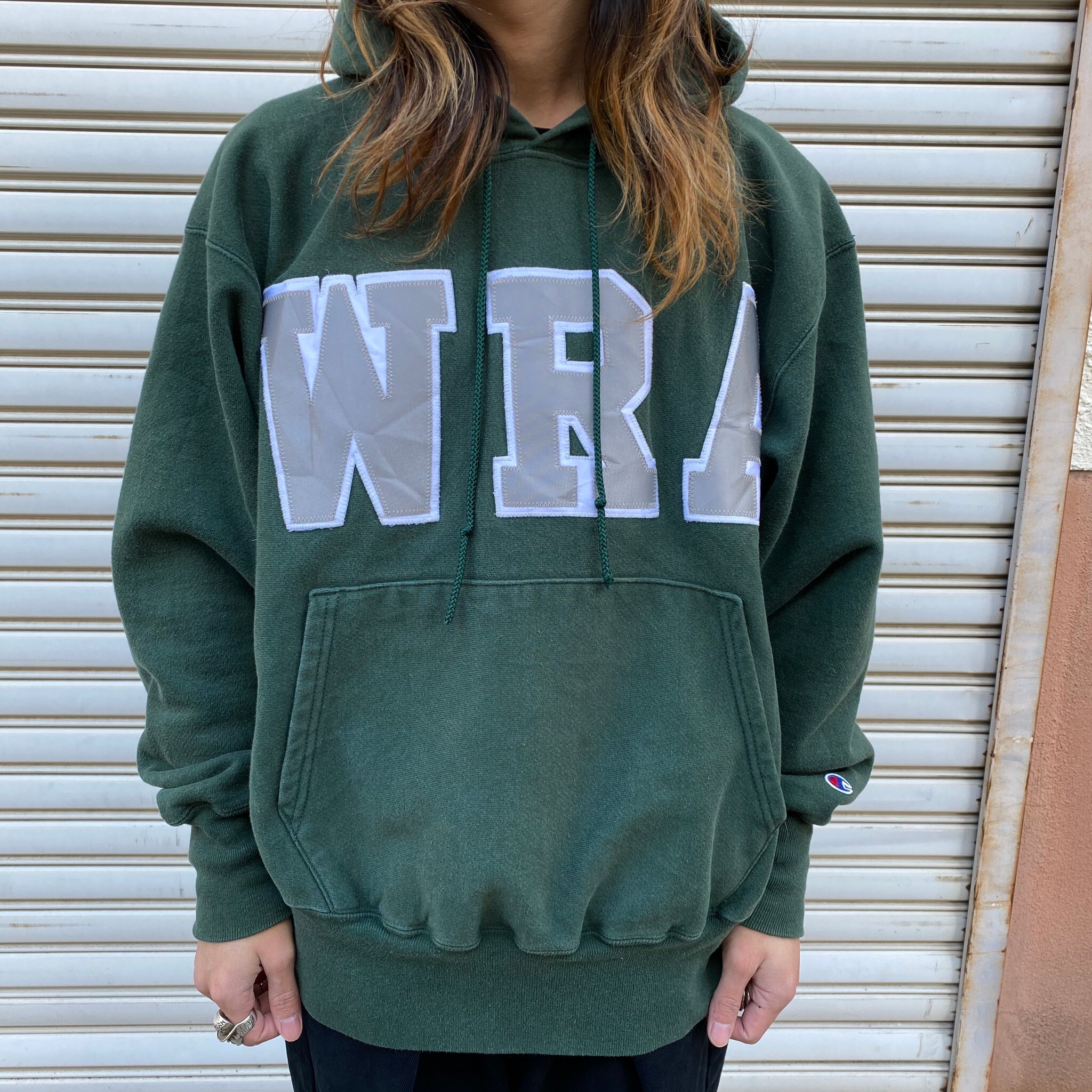 チャンピオン リバースウィーブ Wra ワッペン カレッジ プルオーバーパーカー メンズxl 古着 Champion Reverse Weave スウェット トレーナー グリーン 緑色 パーカー Cave 古着屋 公式 古着通販サイト