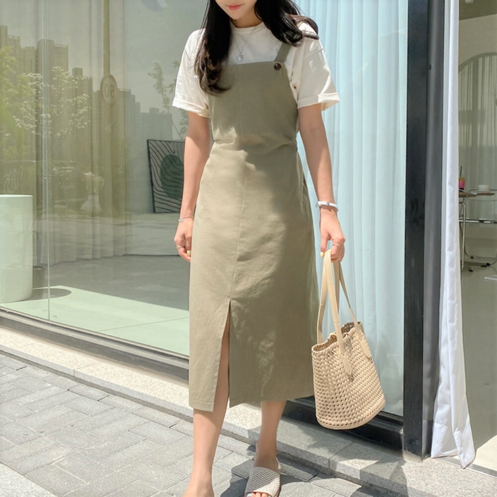 送料無料 バックリボン がpoint サロペット ワンピース ジャンスカ ミモレ丈 スリット スリム レイヤード カジュアル フェミカジ Lamitte Deco トレンド 韓国ファッション ショップ