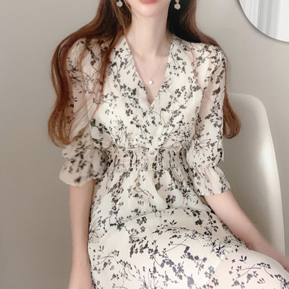 モノトーン フラワー シフォン ワンピース Life Shi